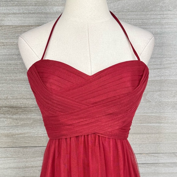 AMSALE "Tara" Halter Strap Tulle Formal Dress/Gown with Ruched Bodice Crimson-0 - Picture 2 of 3